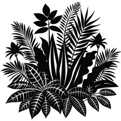Lush Black Silhouette Jungle Botanical Foliage, Tropical Leaves, Dense Rainforest Flora Art
