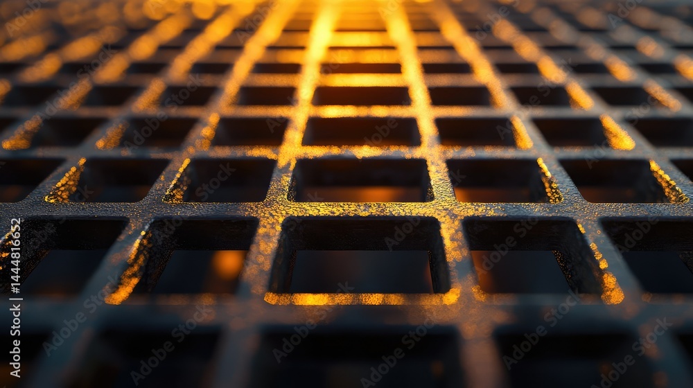 Poster close-up view of a metallic grid surface with square openings reflecting soft light during sunset, c
