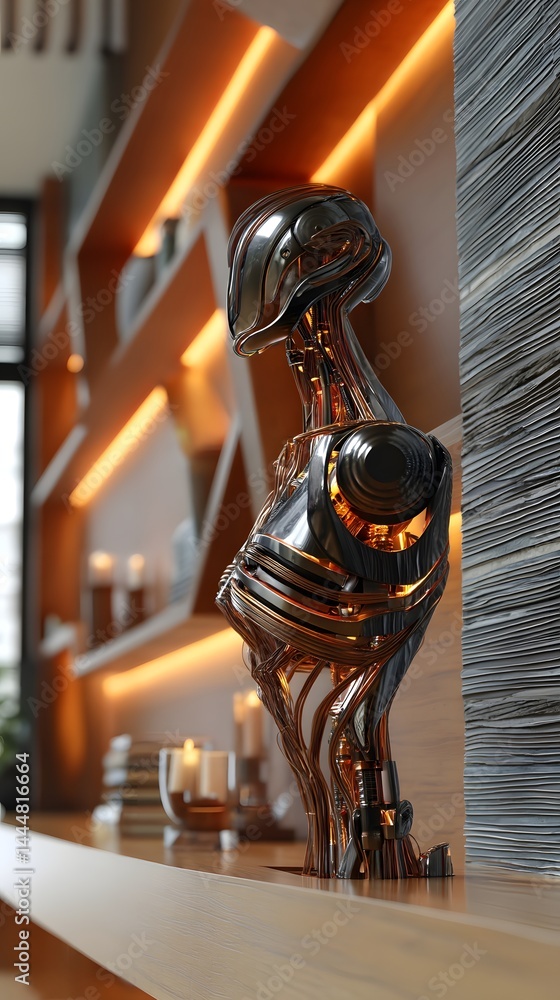 Poster Futuristic robot assisting in a smart home setting with a silver sculpture on a shelf