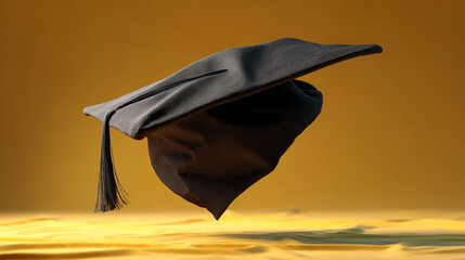 Graduation Cap in Mid-Air: A solitary black graduation cap soars elegantly against a sunlit backdrop, embodying education, aspiration, and the promise of the future.