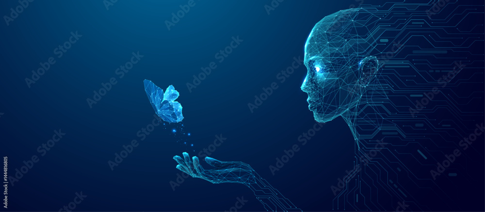 Leinwandbilder futuristic abstract humanoid robot holding a digital butterfly on a palm. ai art or artificial intel
