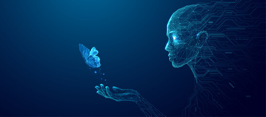 Futuristic abstract humanoid robot holding a digital butterfly on a palm. AI art or Artificial Intelligence Innovation concept. Polygonal wireframe vector illustration. Blue technology background. © AntonKhrupinArt