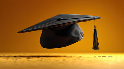 Graduation Cap: A black graduation cap with tassel, elegantly poised mid-air against a warm orange backdrop.  The image conveys a sense of accomplishment and the excitement of new beginnings.