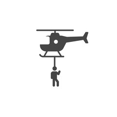 Helicopter Rescue Operation: Silhouette of a rescue helicopter airlifting a person to safety in a minimalist, high-contrast monochrome illustration.
