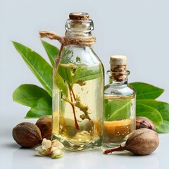 Two clear glass bottles of natural shea butter oil with shea nuts and leaves on a white background.