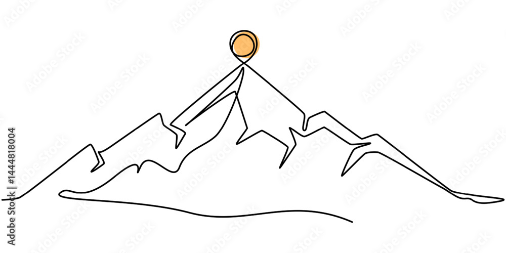 Poster continuous line drawing of sun and mountain range landscape background, rocky peaks in simple linear