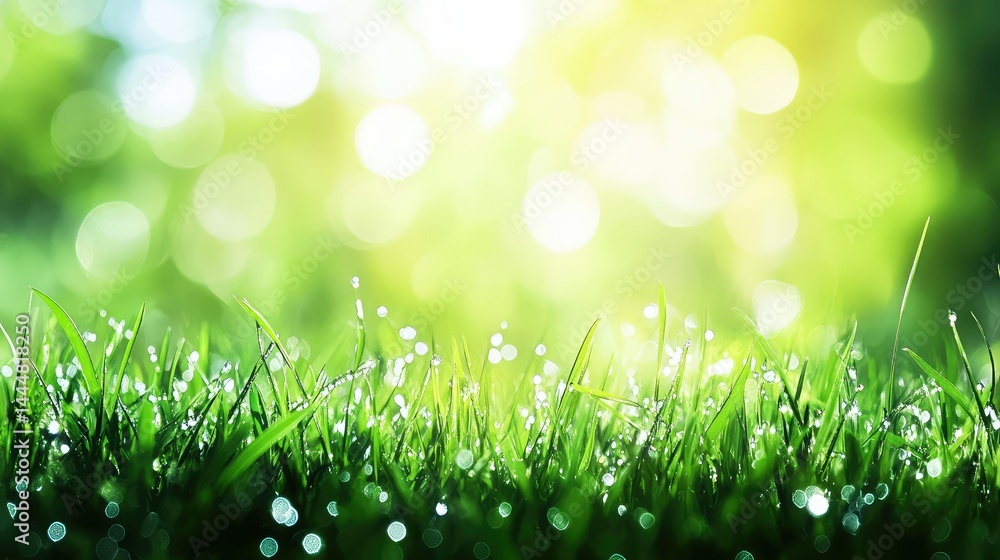 Poster glimmering dew drops on fresh green grass under bright sunlight surrounded by soft bokeh effect crea
