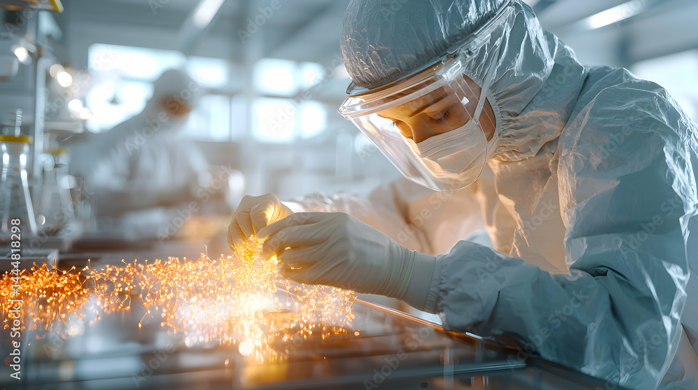 Poster scientist in protective gear working with glowing particles in a lab possibly researching technology