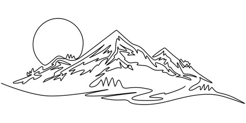 Continuous line drawing of sun and mountain range landscape background, Rocky peaks in simple linear style. Minimalist illustration of sunset in the mountains, Hot temperature and travel symbol vector
