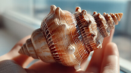 Seashell's Gentle Embrace: Close-up of a detailed seashell, spiraling elegantly, cradled gently in a hand, exuding a sense of tranquility and a connection to the ocean's depths.