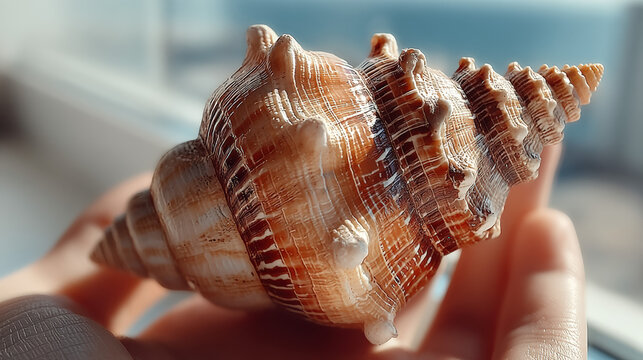 Seashell's Gentle Embrace: Close-up of a detailed seashell, spiraling elegantly, cradled gently in a hand, exuding a sense of tranquility and a connection to the ocean's depths.