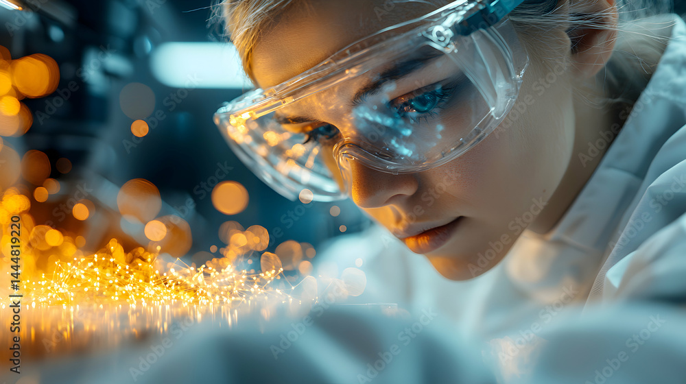 Aufkleber a scientist with safety goggles examines light sparkles in a lab. suitable for science tech articles