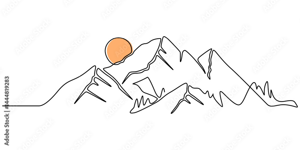 Poster continuous line drawing of sun and mountain range landscape background, rocky peaks in simple linear