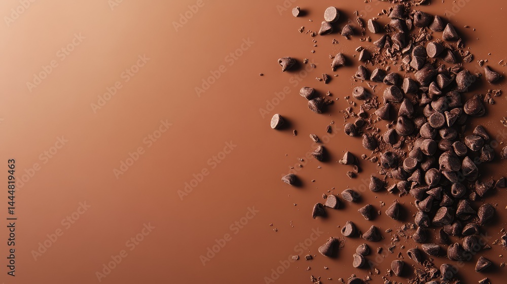 Poster brown chocolate chips and shavings scattered on a smooth surface creating a rich texture and warmth 