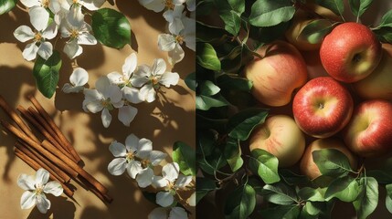 Create a realistic picture of apples, apple blossoms, and cinnamon. Scatter cinnamon sticks on the left. Show a top-down view with soft lighting. Leave room on the right for a logo.
