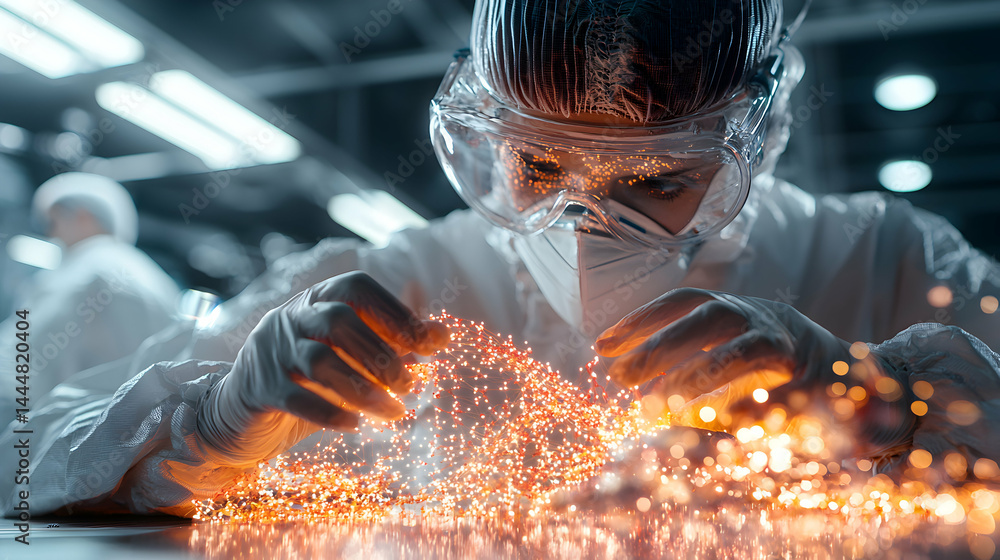 Poster a scientist in a lab coat and protective gear studies glowing particles. this image is suitable for 