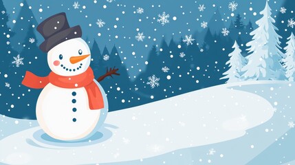 Happy holidays! A snowman stands in a snowy winter scene with falling snow. Perfect for displaying products with a round space for your message.
