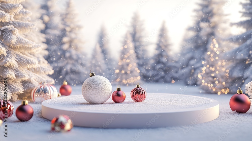 Poster holiday scene with a round platform for showing off items. it's set in a snowy christmas setting wit