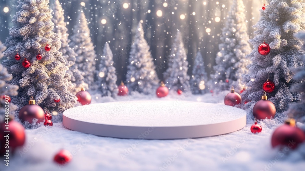 Poster holiday scene with a round platform for showing off items. it's set in a snowy christmas setting wit