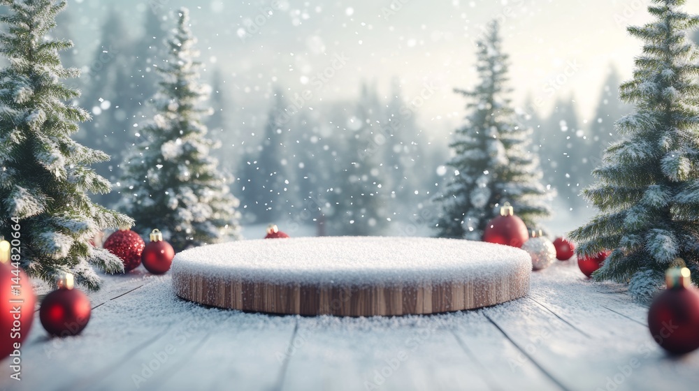 Poster holiday scene with a round platform for showing off items. it's set in a snowy christmas setting wit