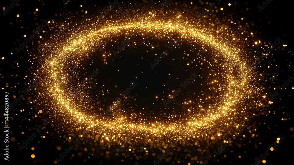 Poster golden glitter circle frame with shining sparkles - 3d rendered abstract background
