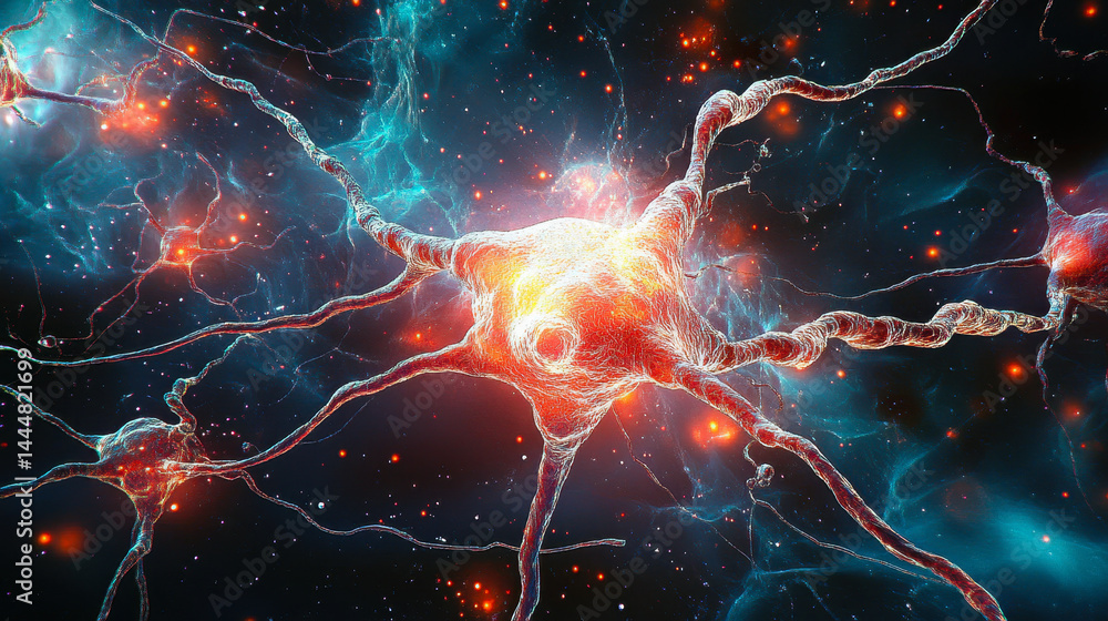 Poster neural network sending and receiving neurotransmitters in a vibrant abstract visualization