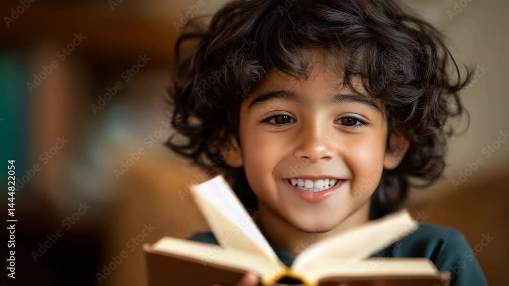Poster young boy is smiling and holding a book open. concept of happiness and curiosity, as the boy appears