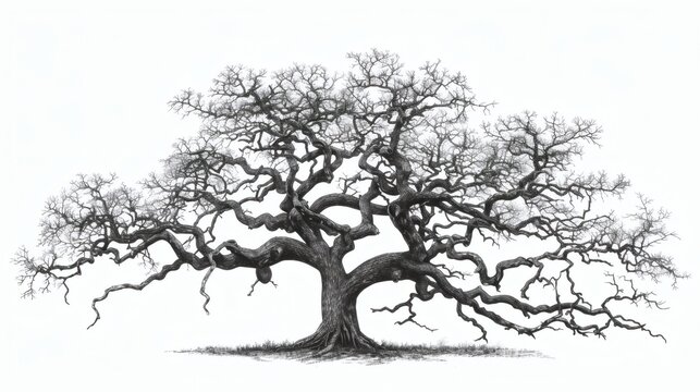Monochromatic illustration of a majestic, leafless oak tree. - Powered by Adobe