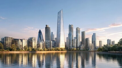 Naklejka premium Majestic City Skyline Reflected in Calm Waters During Golden Hour with Modern Architecture and Urban Landscape Enhancing the Peaceful Atmosphere of the Scene