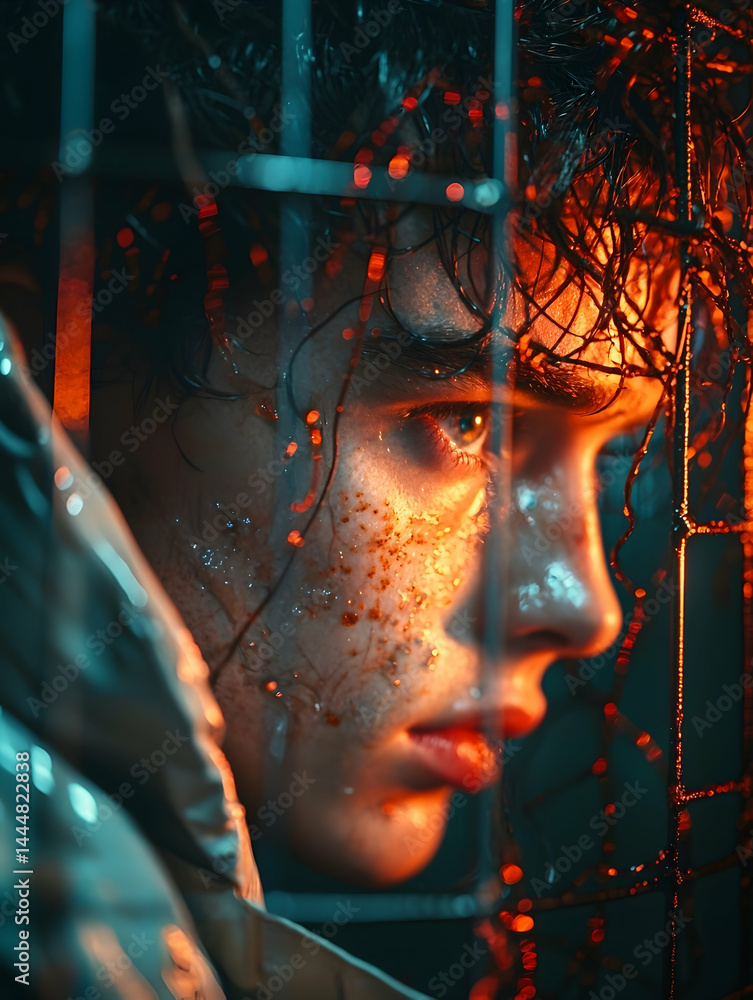 Poster a dramatic portrait of a person behind bars. evokes feelings of confinement and introspection. use i