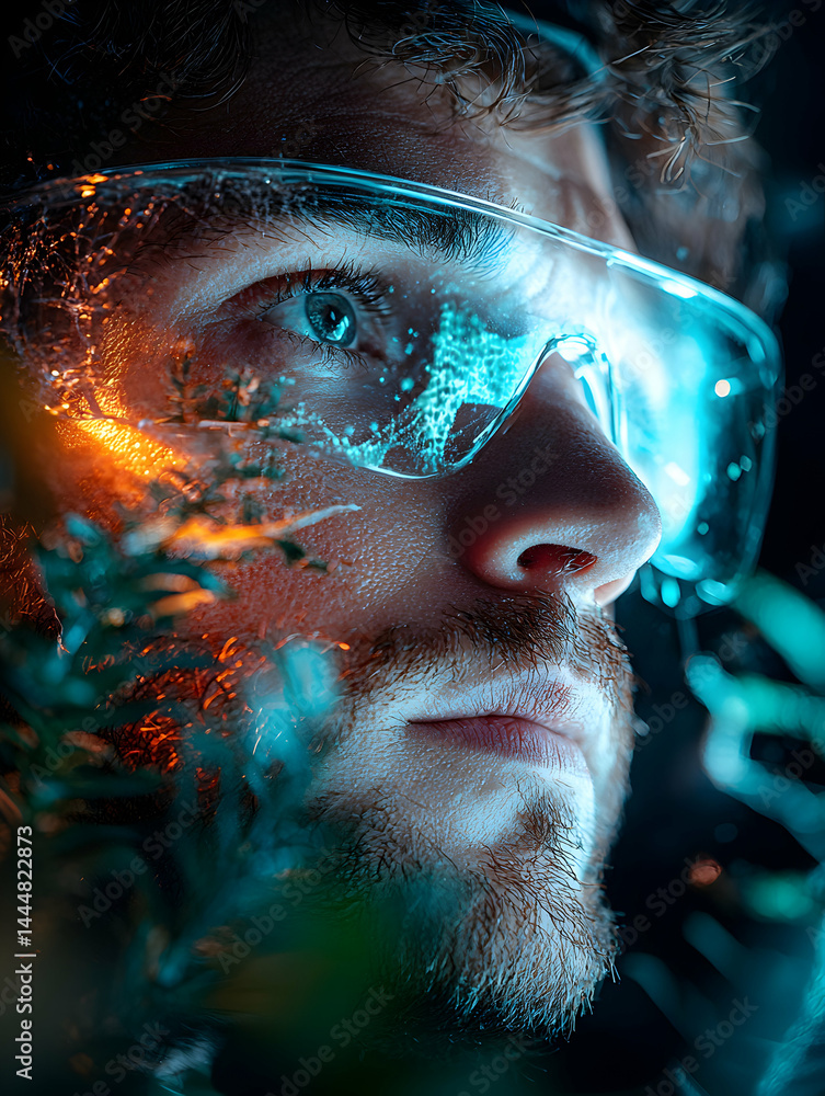 Poster a man with illuminated goggles. could represent futuristic tech exploration or science fiction theme