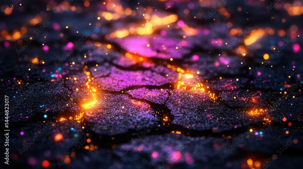 Poster vibrant abstract background with glowing particles amidst cracked surface, creating a stunning visua