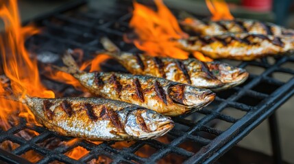 Flaming Grill Delicious Grilled Fish Feast.