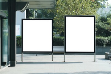 Two blank advertising billboards in an urban setting with greenery in the background