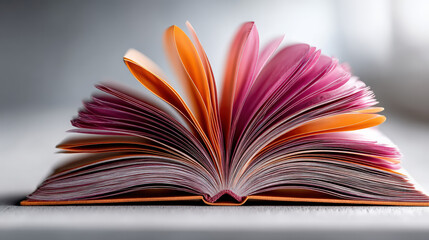 Fototapeta premium Open Book's Vivid Pages: An open book displays colorful pages in an abstract display, a symbol of knowledge and learning. evoking a sense of creativity and exploration.
