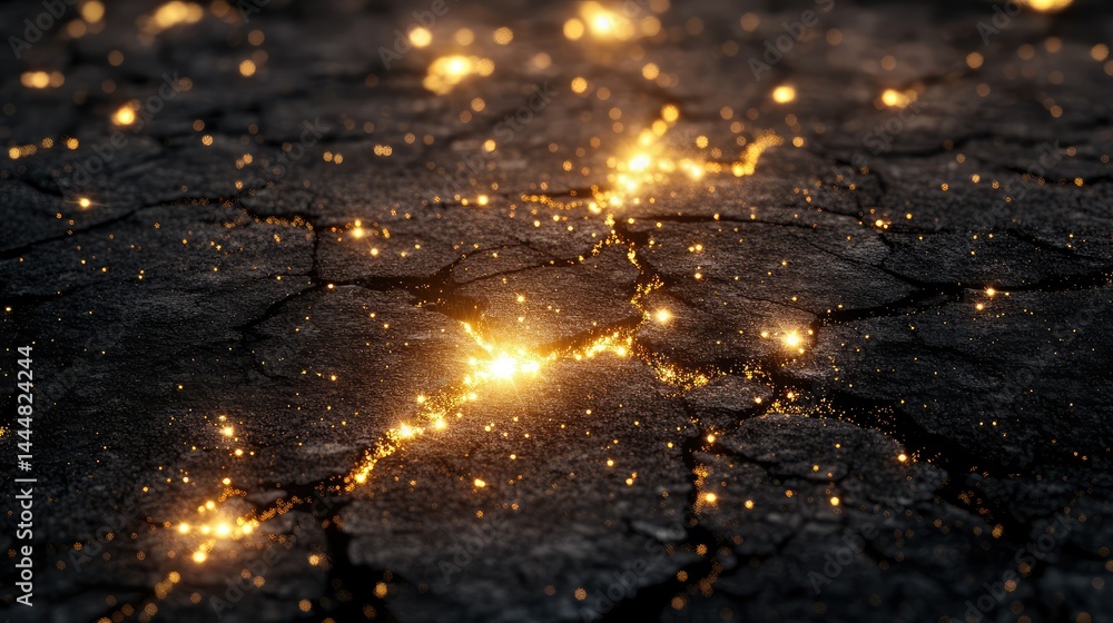 Poster sparkling golden particles on dry cracked ground creating a unique abstract background with twinklin