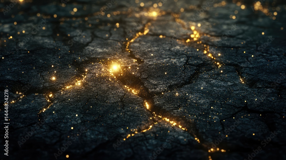 Poster dark and cracked surface with glowing golden particles for abstract background and artistic textures