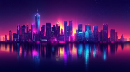 Obraz premium Vibrant City Skyline Illuminated by Neon Lights at Night Creating a Lively Urban Atmosphere and Scene