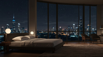 sleek minimalist bedroom apartment wide window night view city skyline neutral tones peaceful decor Modern Contemporary Interior Design Inspiration