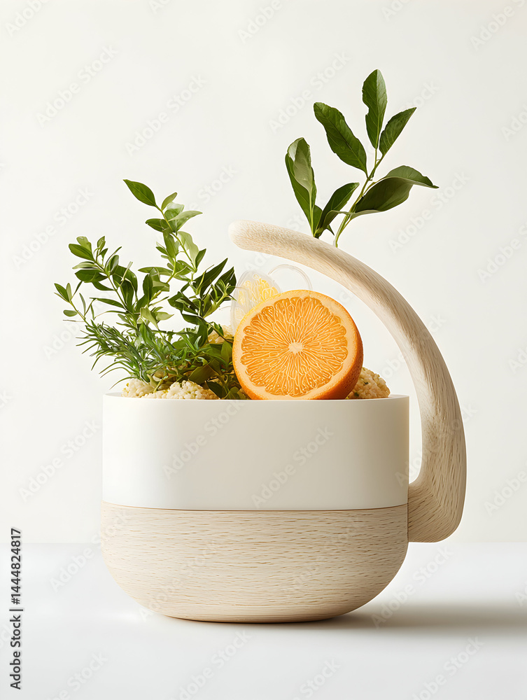 Poster a minimalist design featuring an orange slice and greenery in a two-tone container with a wooden han