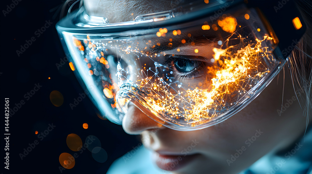 Aufkleber a person wearing futuristic eyewear with glowing circuitry suggesting data processing. ideal for tec