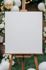 Lienzo en blanco sobre caballete de madera en decoración de boda al aire libre
