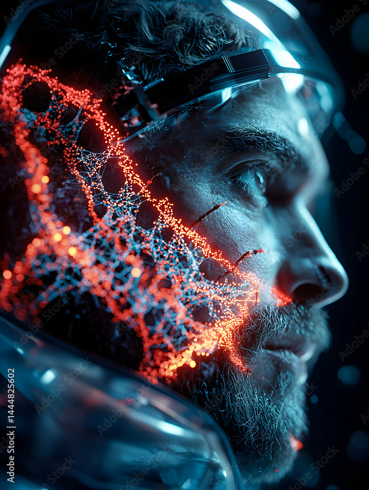 Poster cybernetic portrait of a man featuring glowing neural networks. suggests futuristic technology and e