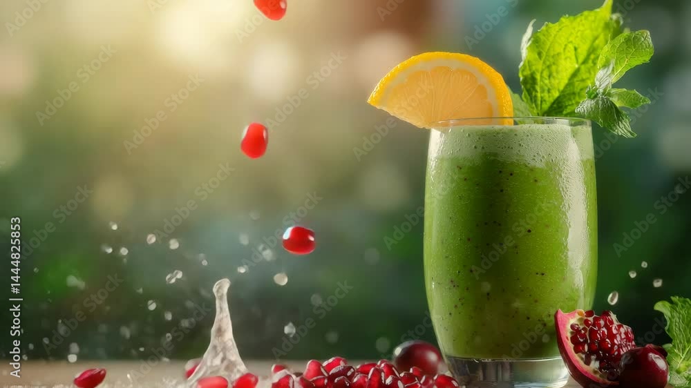 Poster green smoothie with a slice of orange and a few red berries. the smoothie is served in a glass and i