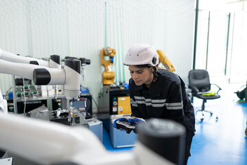 Fototapeta premium Robotics manufacturing industry. Engineer control and training autonomous robot. Test programmable logic controller with AI robot training kit and mechatronics engineering