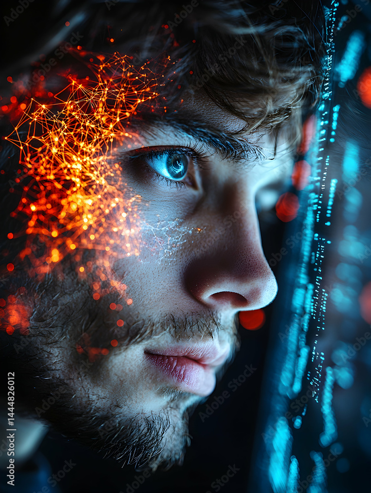 Poster a futuristic portrait of a man with glowing neural pathways suggesting ai integration or digital imm