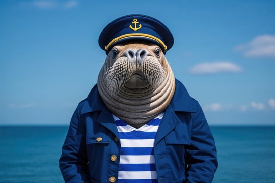Matrosen-Walross mit Kapit&auml;nsm&uuml;tze vor dem Ozean