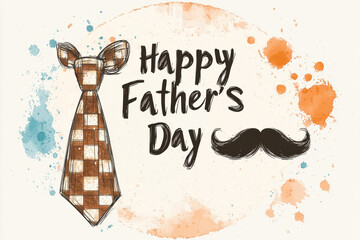 Hand-drawn checkered necktie, vintage mustache silhouette creating playful father's day celebration with watercolor background splashing