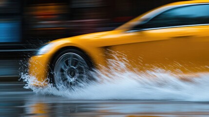Obraz premium Yellow Sports Car Speeding Through City Rain.