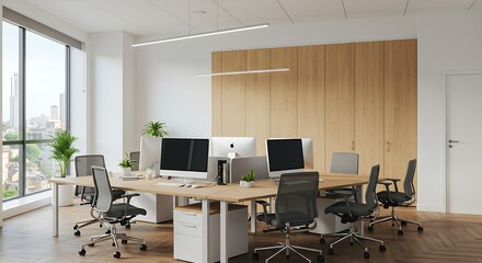 Bright office space with desks, computers, and rolling chairs